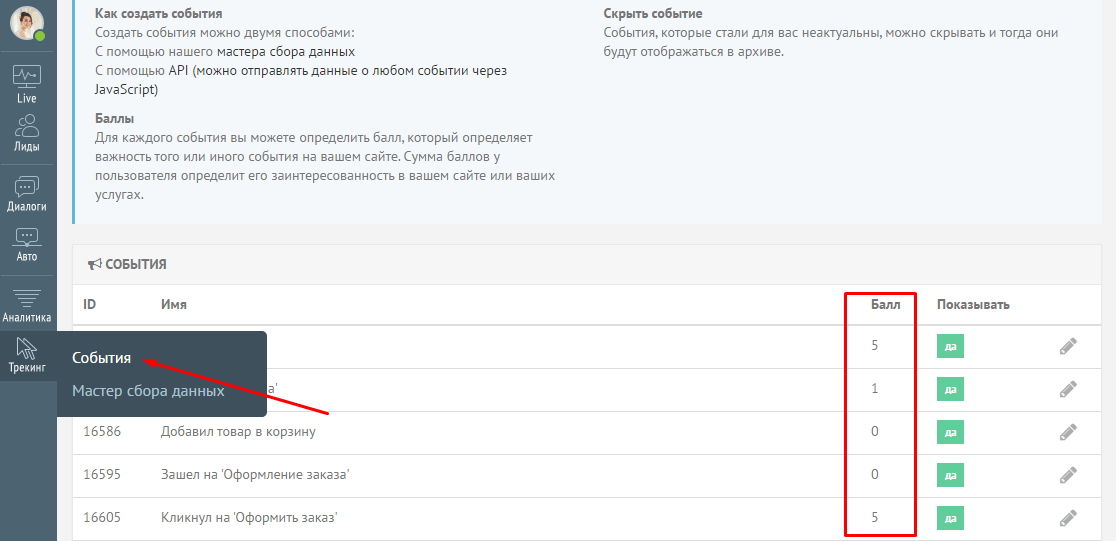 Событие в аналитике. Баллы показывают.